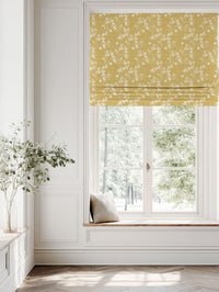 Yellow Floral Linen Roman blind - Merisa Gold Amber - White base fabric.