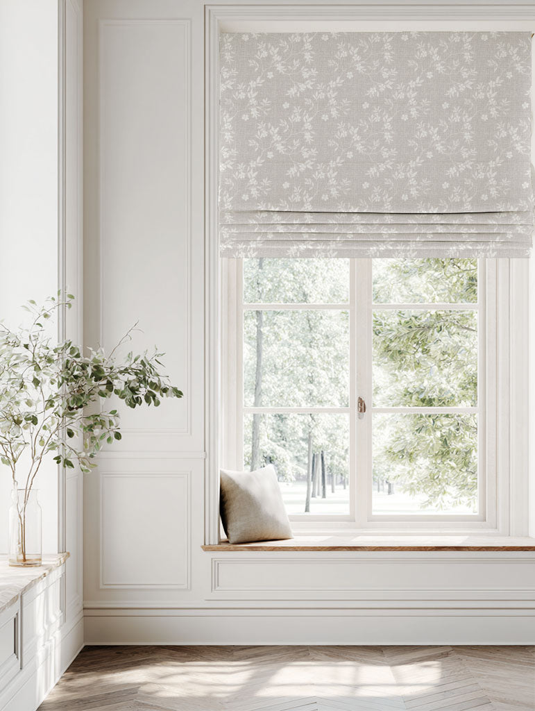 Neutral / Grey Floral Linen Roman blind - Merisa Grey Sand - White base fabric.