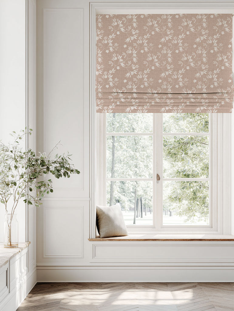 Pink Floral Linen Roman blind - Merisa New Blush - White base fabric.