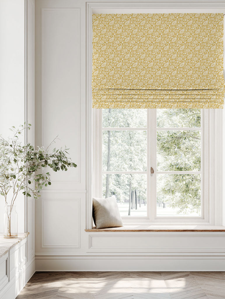 Yellow Patterned Linen Roman blind - Nora Dijon-WHT - White base fabric.