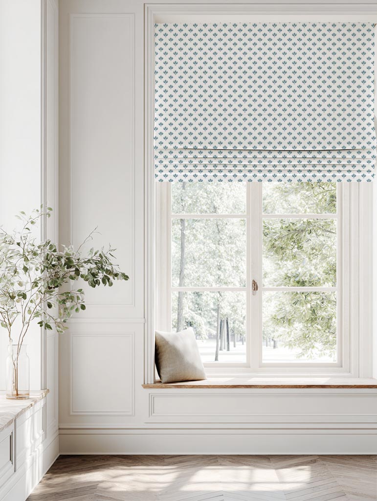 Blue Botanical Linen Roman Blind - Olgie Paris Blue-WHT - White base fabric.