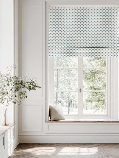 Blue Botanical Linen Roman Blind - Olgie Paris Blue-WHT - White base fabric.