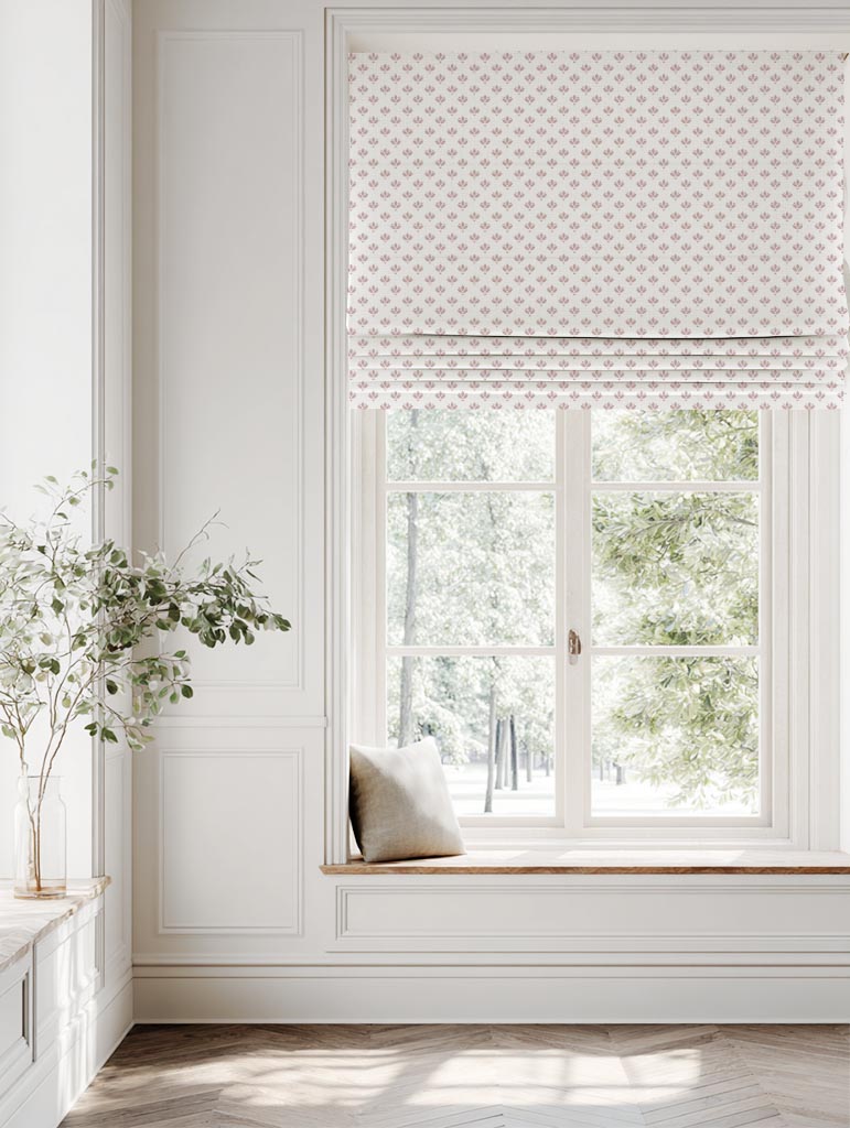 Pink Botanical Linen Roman Blind - Olgie Peony-WHT - White base fabric.