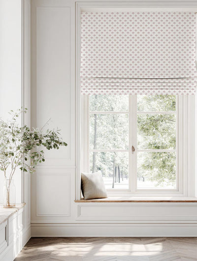 Pink Botanical Linen Roman Blind - Olgie Peony-WHT - White base fabric.