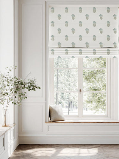 Light Green Floral Linen Roman Blind - Pearlie Sage-WHT - White base fabric.