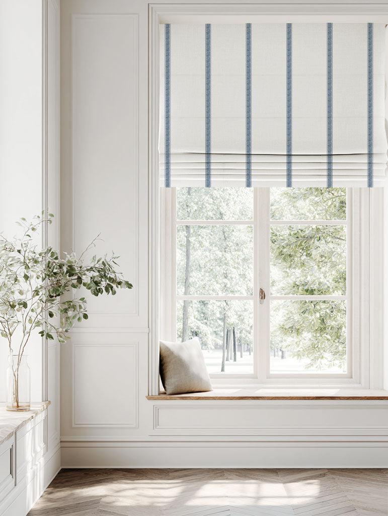 Blue Striped Linen Roman blind - Rune Ink - White base fabric.