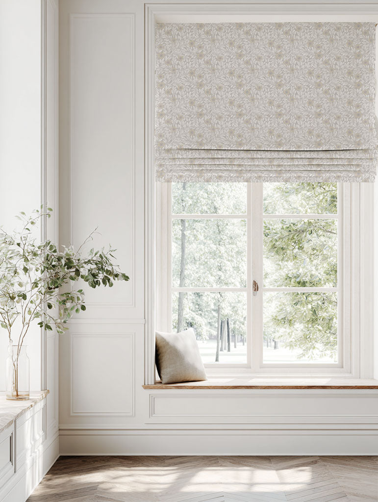 Neutral / Grey / Brown Floral Linen Roman blind - Ruth Powder Sand - White base fabric.