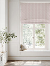 Pink Patterned Linen Roman blind - Safiya Peony-WHT - White base fabric.