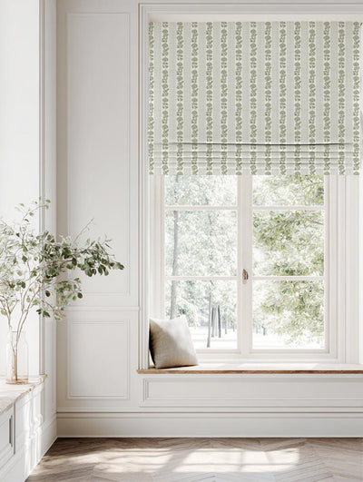 Green Floral Stripe Linen Roman Blind - Skye Moss-WHT - White base fabric.