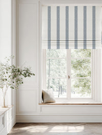Blue Striped Linen Roman blind - Sumi Ink-WHT - White base fabric.