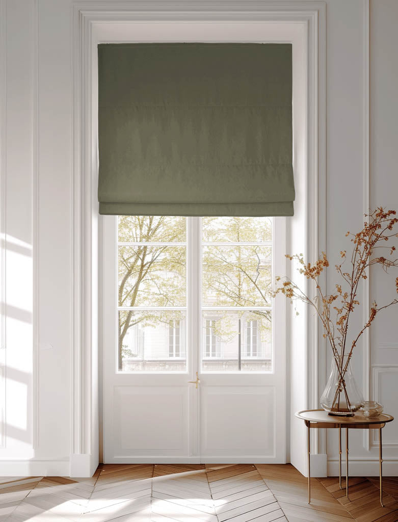 Green cotton roman blind made of Amara Magic Pine fabric