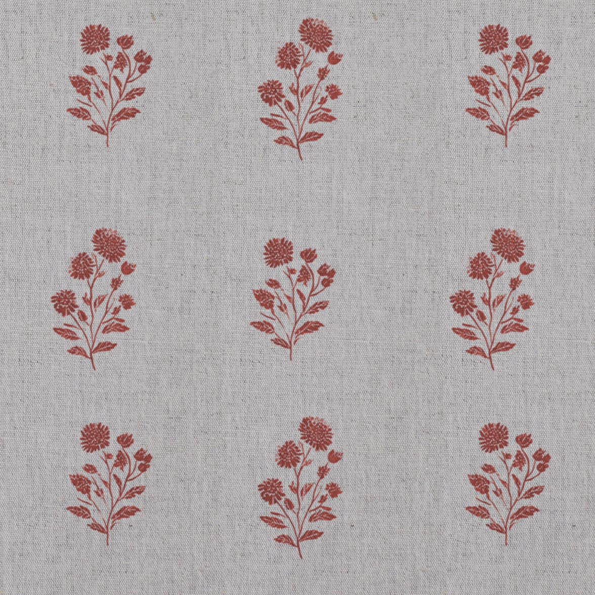 Red Floral Linen Curtain Fabric - Cherie Crimson Red - Natural base fabric.
