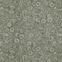 Green Floral Linen Curtain Fabric - Cheye Khaki - Natural base fabric.