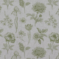 Green Floral Linen Curtain Fabric - Cirian Khaki - Natural base fabric.