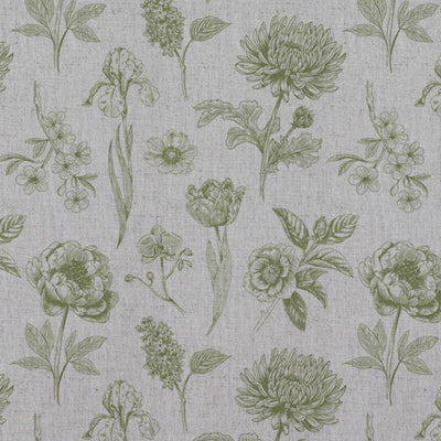 Green Floral Linen Curtain Fabric - Cirian Khaki - Natural base fabric.