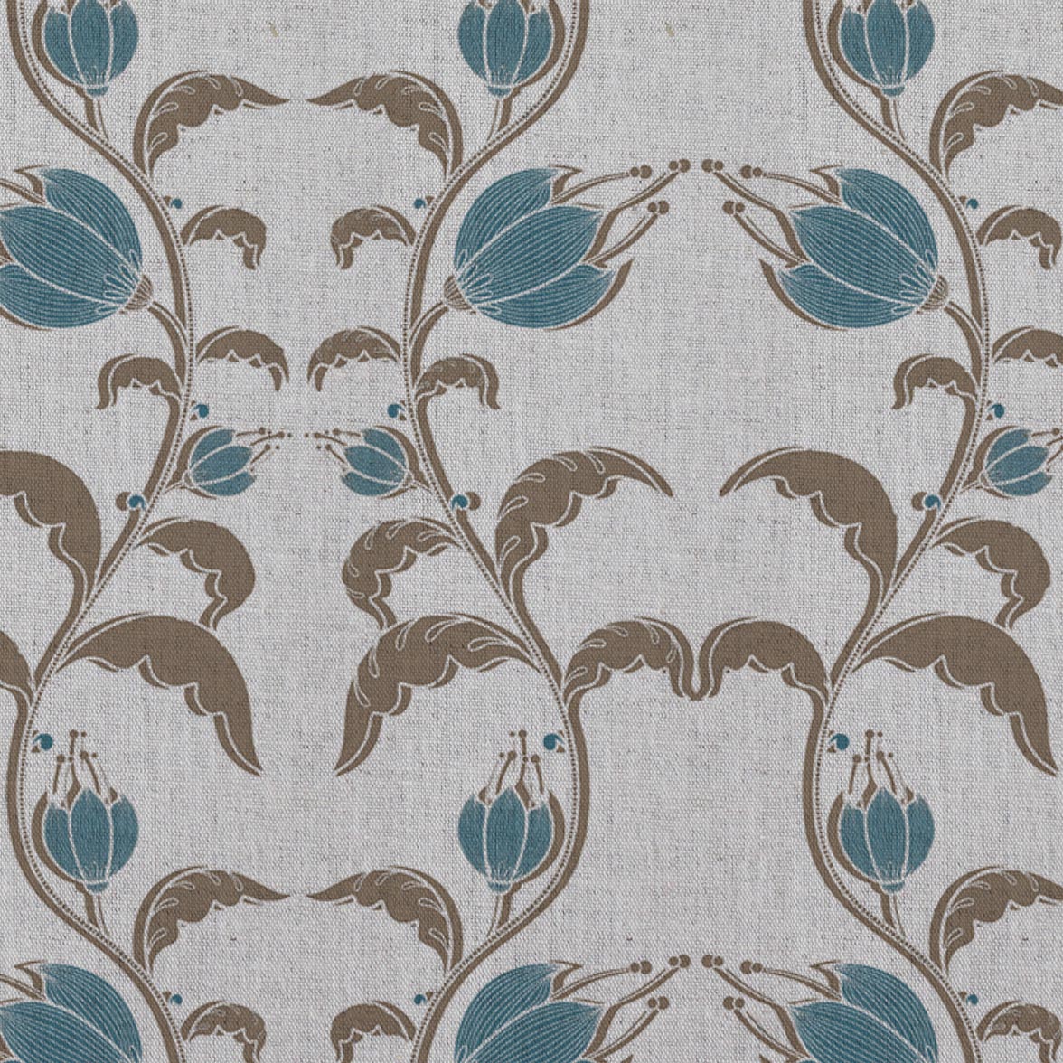 Blue and Brown Patterned Linen Curtain Fabric - Dana Blue Pebble  - Natural base fabric.