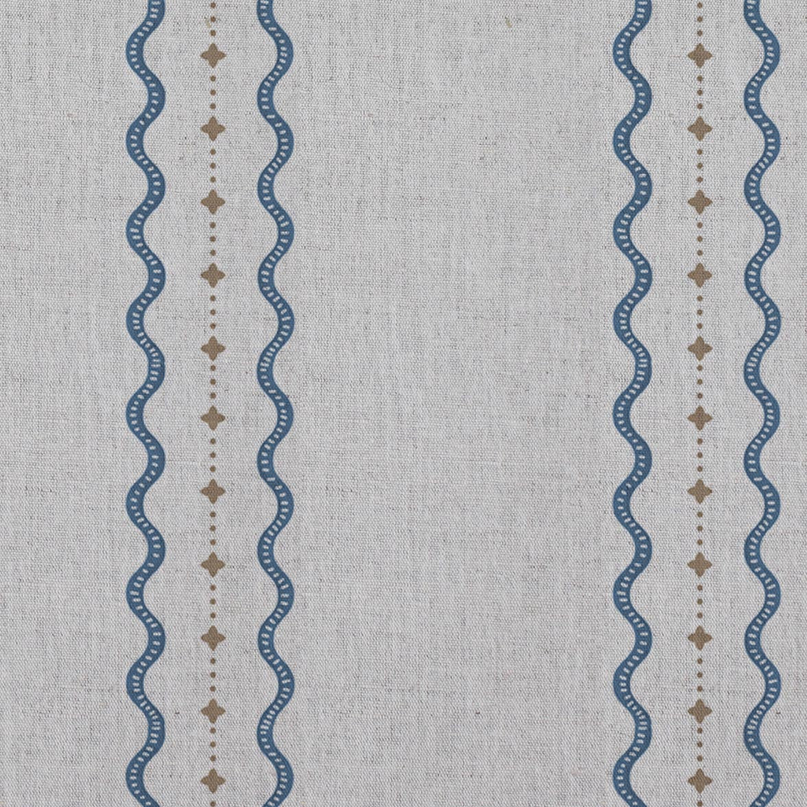 Blue and Brown Patterned Linen Curtain Fabric - Daphne Denim - Natural base fabric.