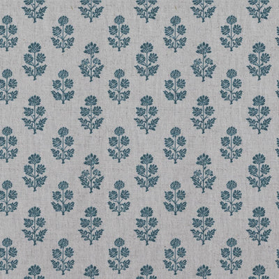 Blue Floral Linen Curtain Fabric - Doris Blue Stone - Natural base fabric.