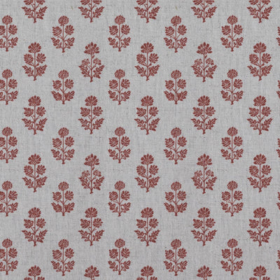 Red Floral Linen Curtain Fabric - Doris Crimson Red - Natural base fabric.