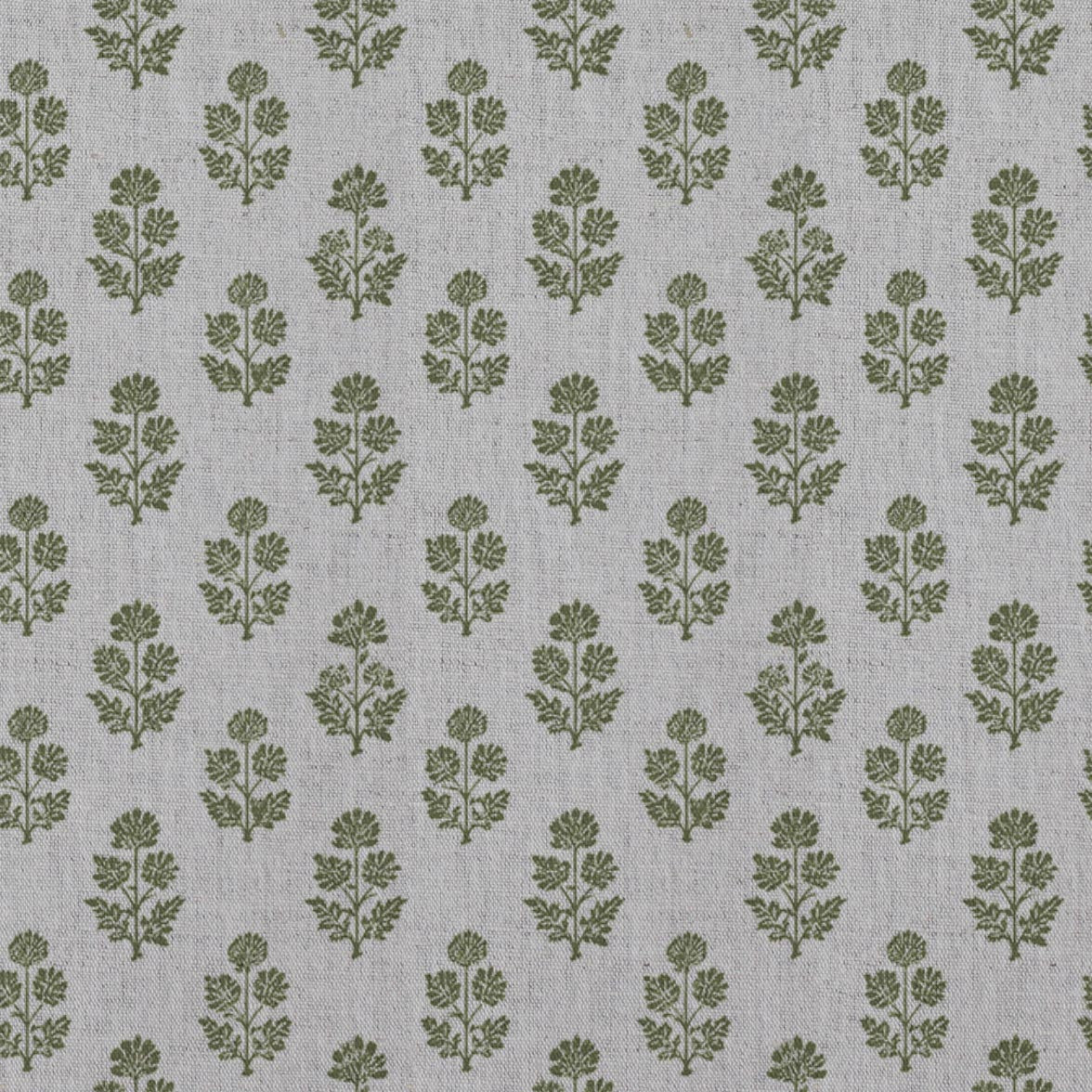 Green Floral Linen Curtain Fabric - Doris Khaki - Natural base fabric.