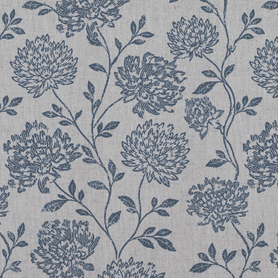 Blue Floral Linen Curtain Fabric - Hulsey Denim - Natural base fabric.