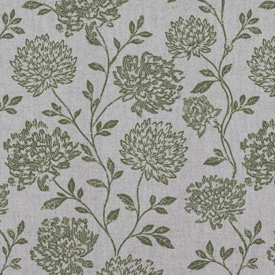 Green Floral Linen Curtain Fabric - Hulsey Khaki - Natural base fabric.