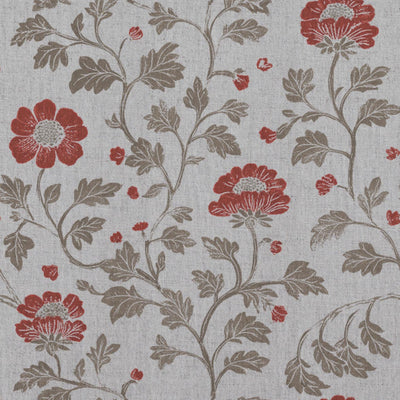 Red Floral Linen Curtain Fabric - Islie Crimson Red - Natural base fabric.