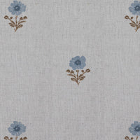 Blue Floral Linen Curtain Fabric - Ksandra Blue - Natural base fabric.