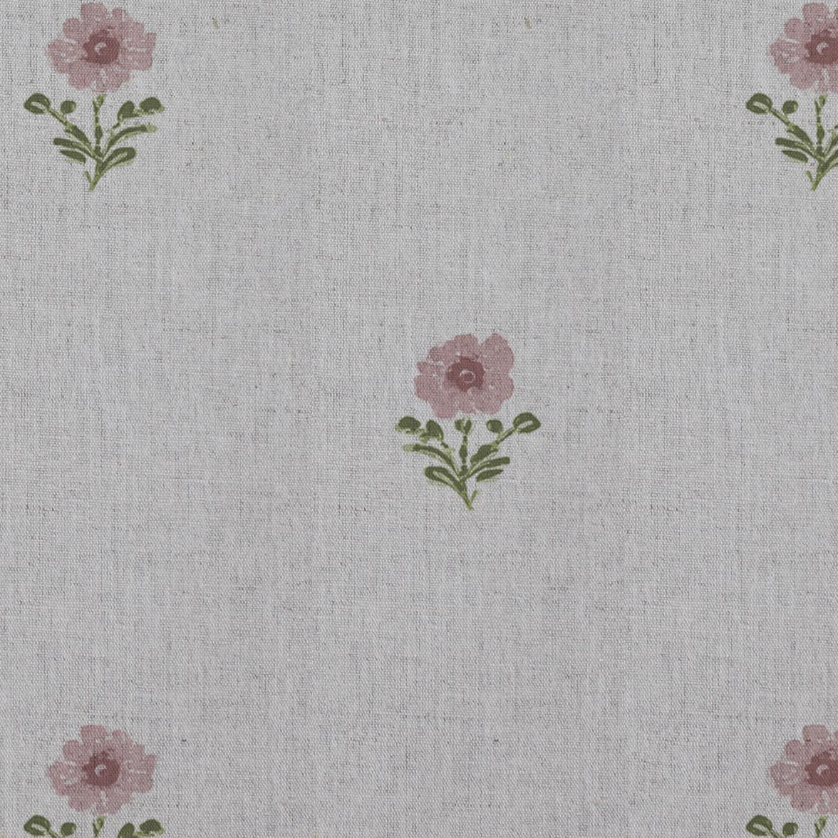 Pink Floral Linen Curtain Fabric - Ksandra Pink - Natural base fabric.
