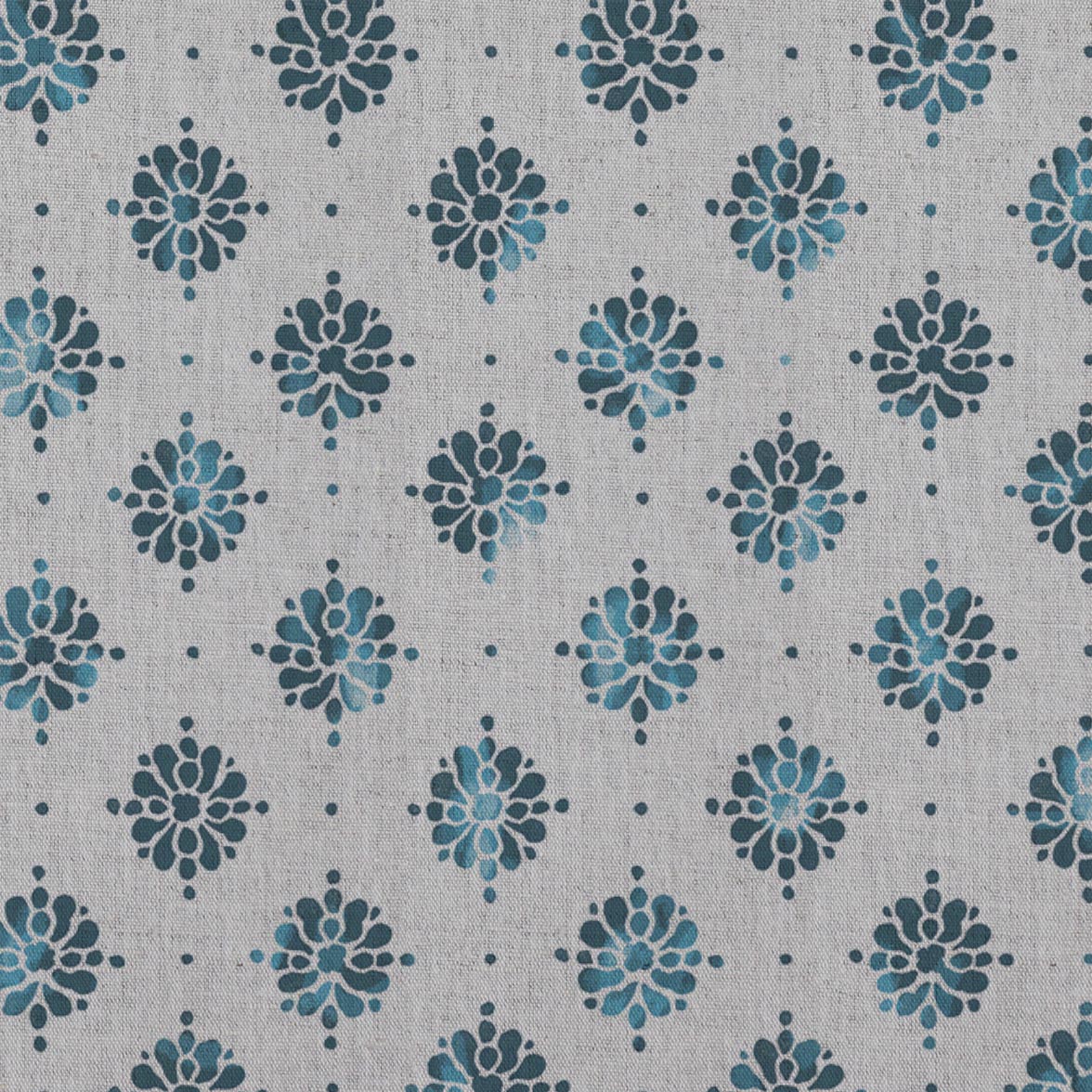 Blue Abstract Floral Linen Curtain Fabric - Lany Blue Stone - Natural base fabric.