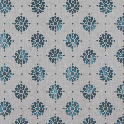 Blue Abstract Floral Linen Curtain Fabric - Lany Blue Stone - Natural base fabric.