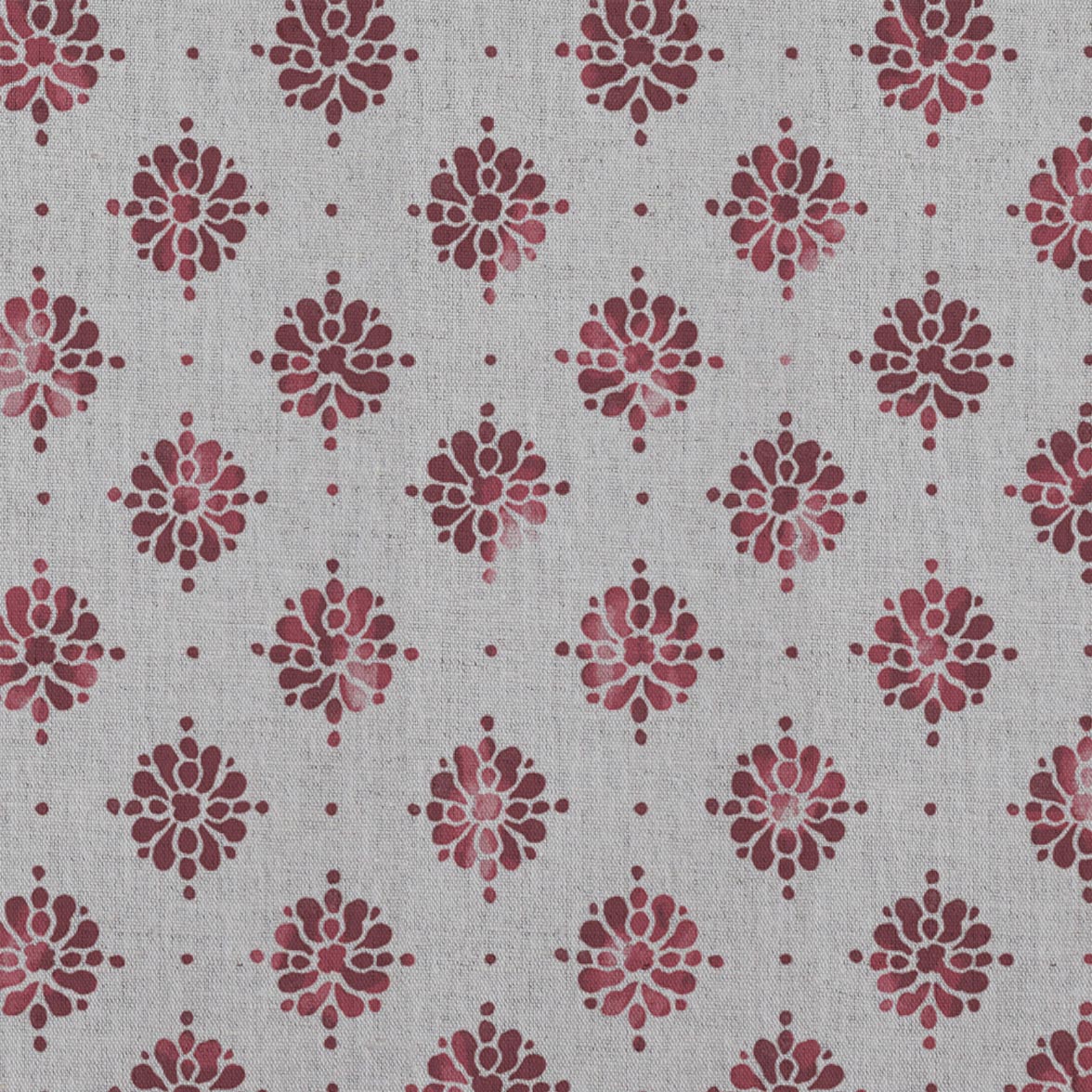 Red Abstract Floral Linen Curtain Fabric - Lany Wine  - Natural base fabric.