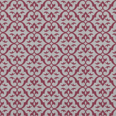 Red Patterned Linen Curtain Fabric - Brita Cherry - Natural base fabric.