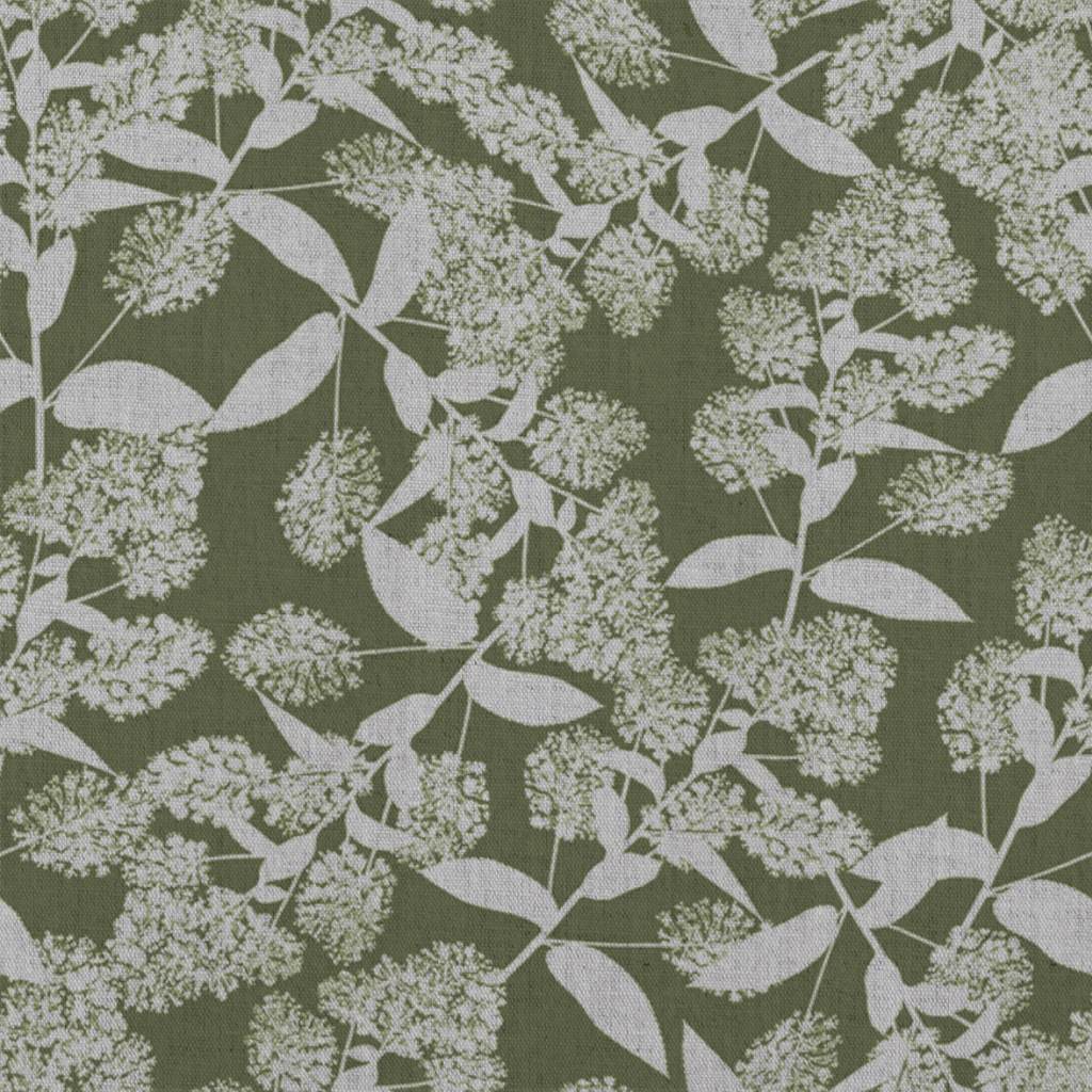 Green Floral Linen Curtain Fabric - Dagmar-INV Khaki - Natural base fabric.