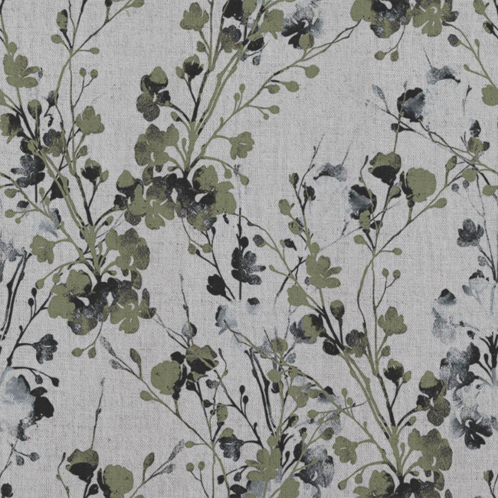 Green Floral Linen Curtain Fabric - FlowerBliss Olive - Natural base fabric.