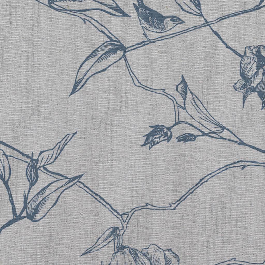 Blue Floral Linen Curtain Fabric - Gardenia Denim - Natural base fabric.