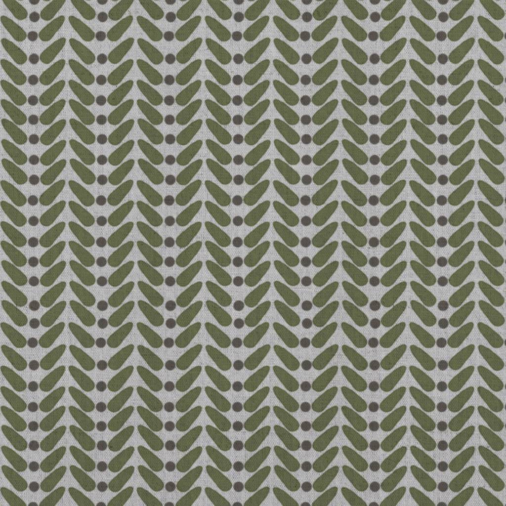 Green Patterned Linen Curtain Fabric - Hulda Khaki - Natural base fabric.