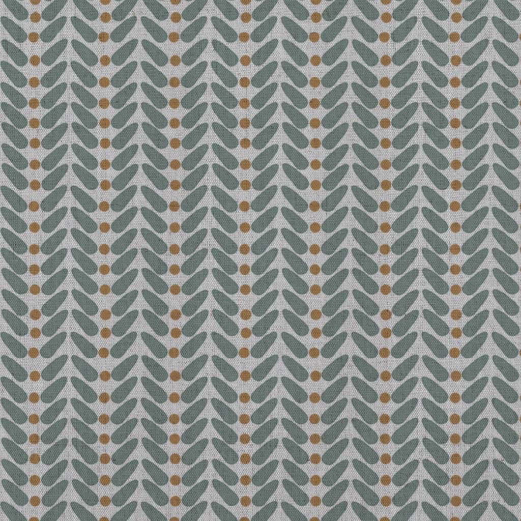 Green / Orange Patterned Linen Curtain Fabric - Hulda Sage Ochre - Natural base fabric.