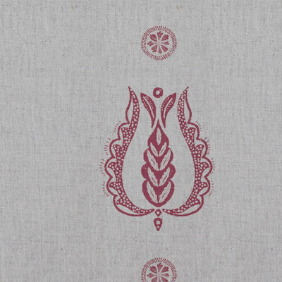 Red Patterned Linen Curtain Fabric - Maya Cherry - Natural base fabric.