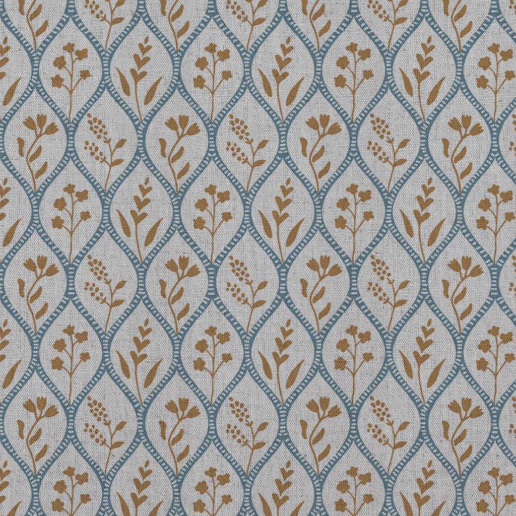 Blue / Orange / Yellow Floral Linen Curtain Fabric - Miny Blue Ochre-INV - Natural base fabric.