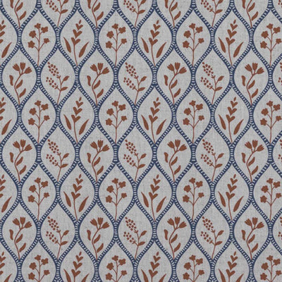 Blue / Orange Floral Linen Curtain Fabric - Miny Blue Terracotta-INV - Natural base fabric.