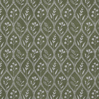 Green Floral Linen Curtain Fabric - Miny Khaki - Natural base fabric.
