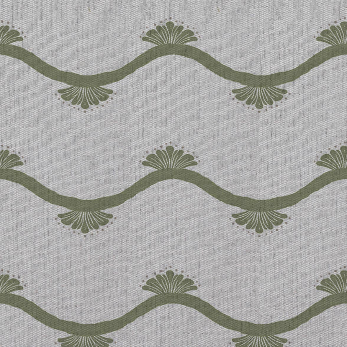 Green Abstract Linen Curtain Fabric - Nelani Khaki - Natural base fabric.