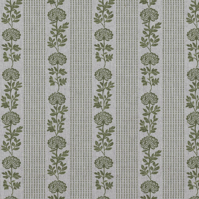 Green Floral Stripe Linen Curtain Fabric - Skye Khaki - Natural base fabric.