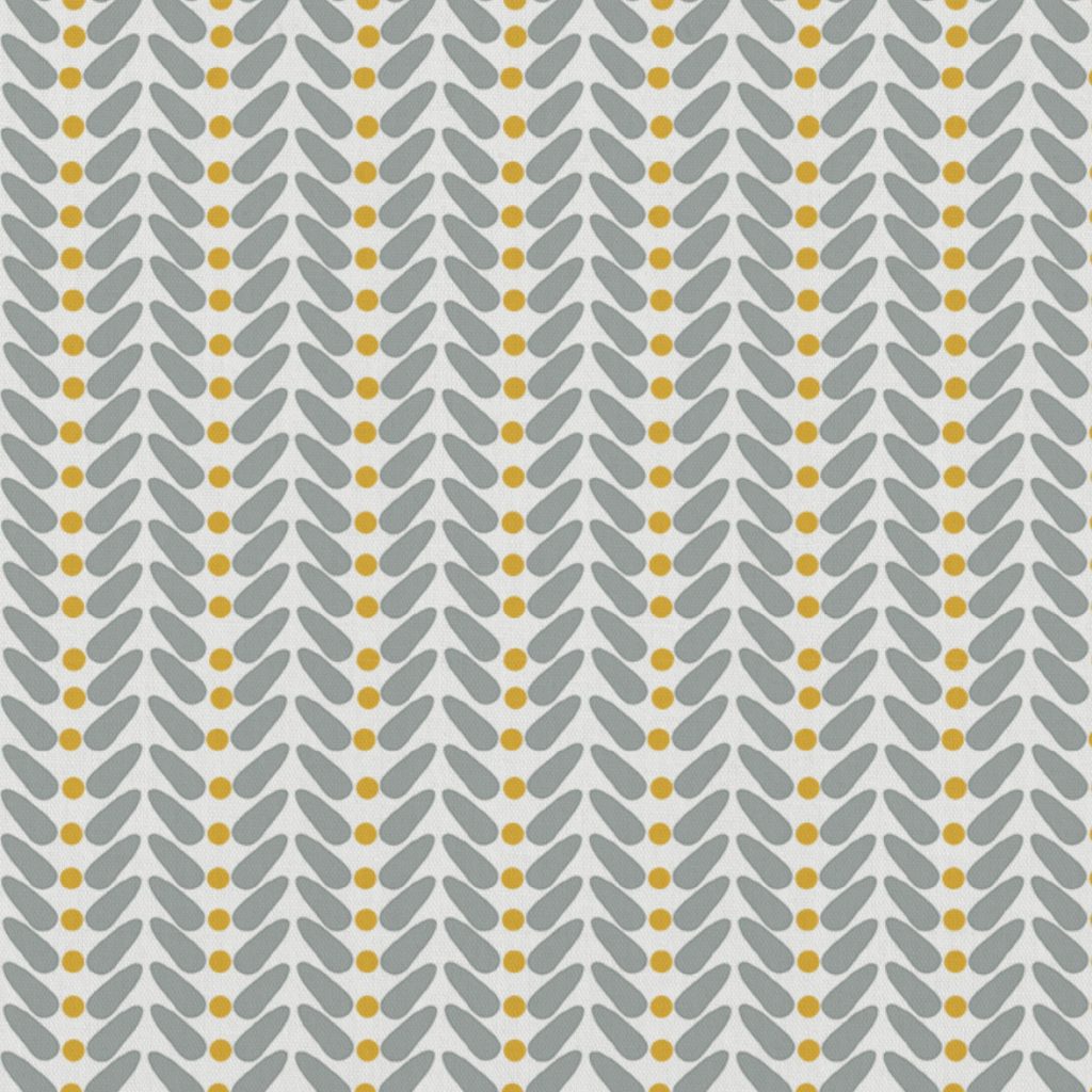 Hilda Mustard - White Linen fabric printed with Mustard Yellow and Grey