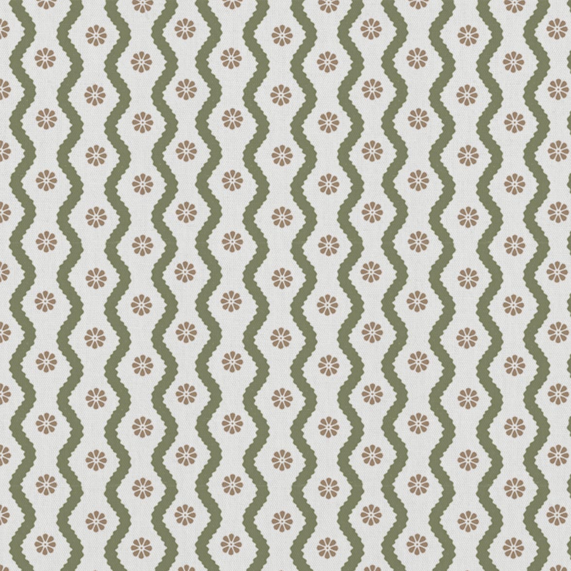 Green Abstract Linen Curtain Fabric - Kirabe Moss-WHT - White base fabric.