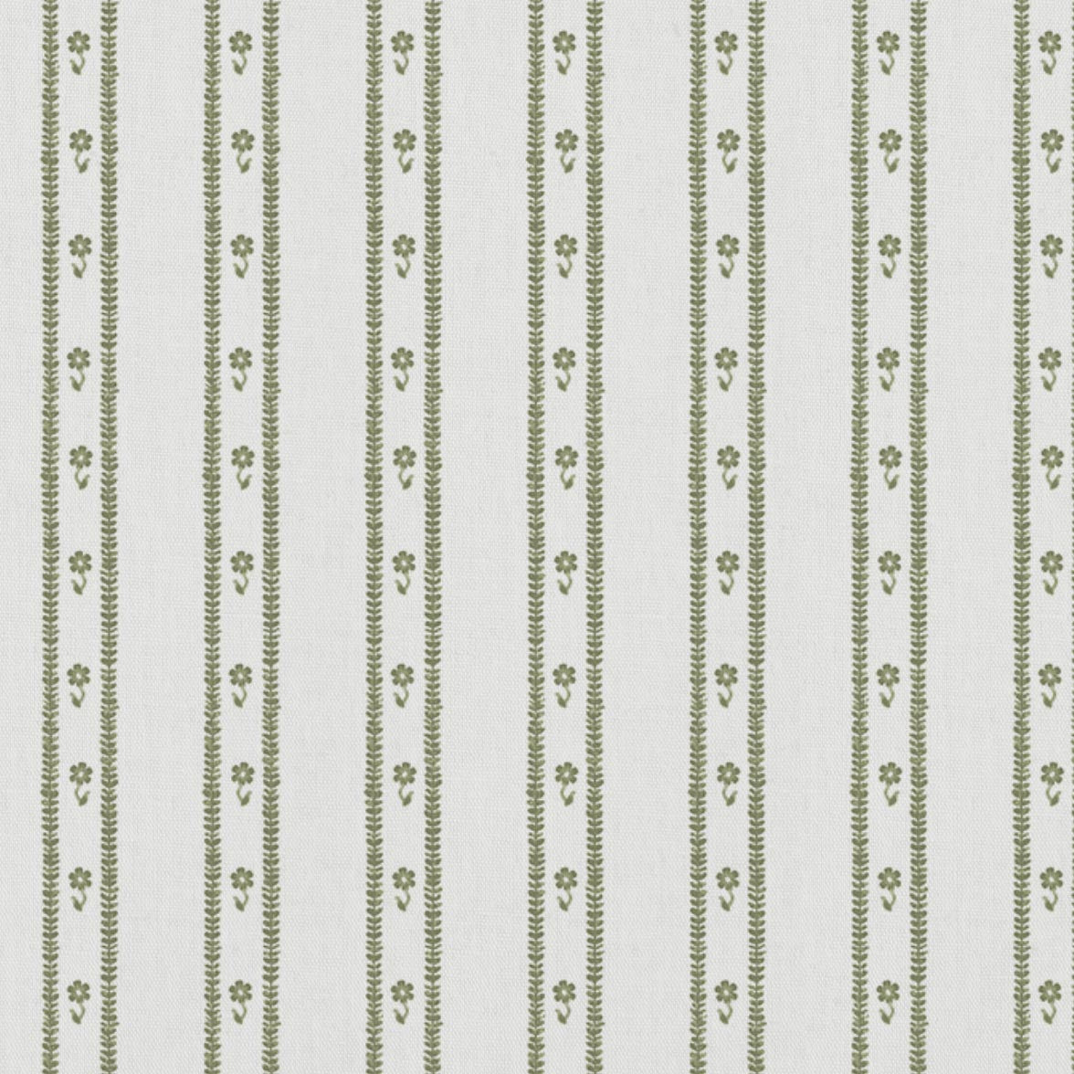 Green Floral Stripe Linen Curtain Fabric - Silvian Moss-WHT - White base fabric.