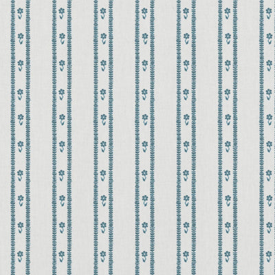 Blue Floral Stripe Linen Curtain Fabric - Silvian Paris Blue-WHT - White base fabric.