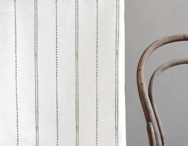 Inga Meadow - White fabric with Green decorative stripes, 100% Linen