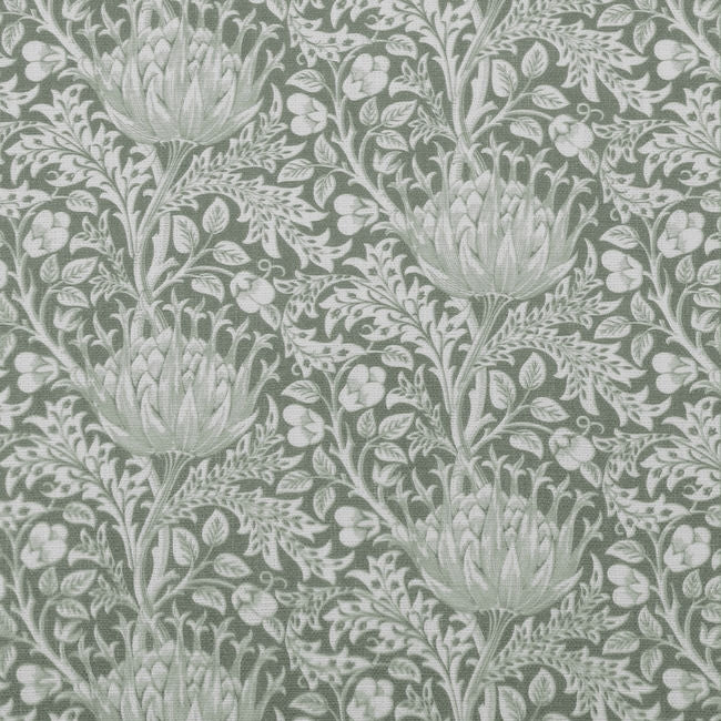 Katarina Meadow - White linen fabric with Green floral print
